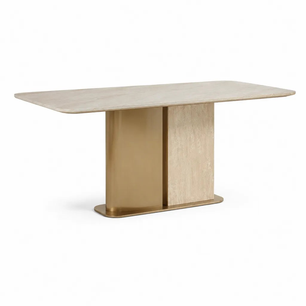 Table a manger rectangulaire 180 x 90 x 75 cm plateau en pierre frittee pietement en acier inoxydable dore beige