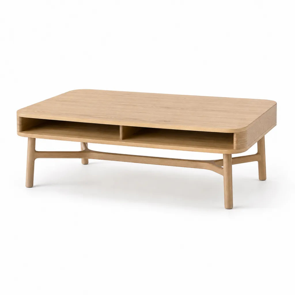 Table basse rectangulaire 120 x 60 x 40 cm en chene massif beige avec rangement ouvert