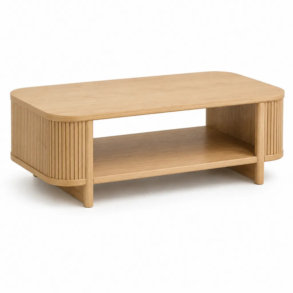 Table basse rectangulaire 100 x 60 x 42 cm en MDF plaque chene a angles arrondis chene clair