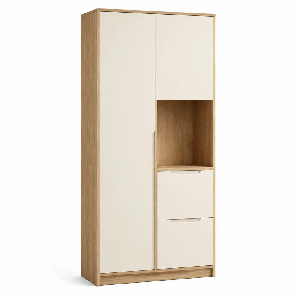 Armoire colonne de salle de bain rectangulaire 60 x 30 x 170 cm en panneaux de particules melamines chene clair et blanc casse