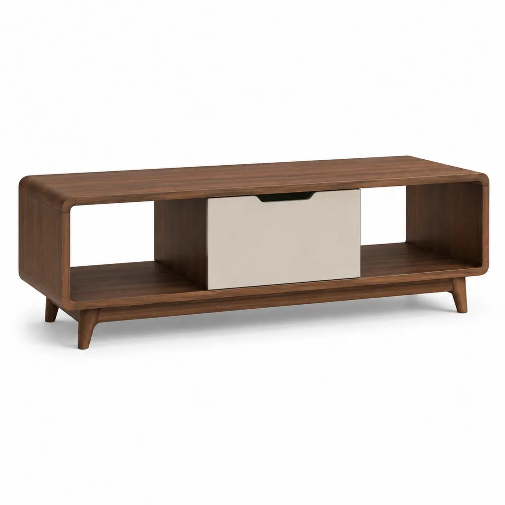 Table basse rectangulaire 120 x 50 x 45 cm en MDF finition noyer et blanc casse avec porte coulissante