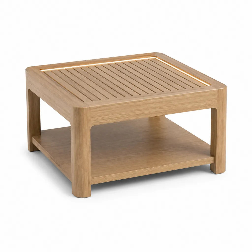 Table basse carree 80 x 80 x 45 cm en panneau MDF plaque chene avec eclairage LED integre chene clair
