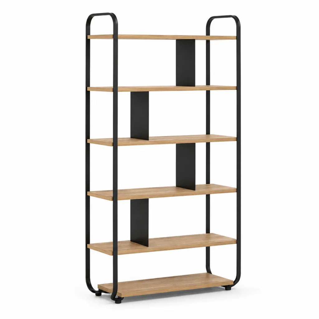 etagere de rangement 6 niveaux en MDF et acier rectangulaire chene naturel noir 80 x 30 x 180 cm