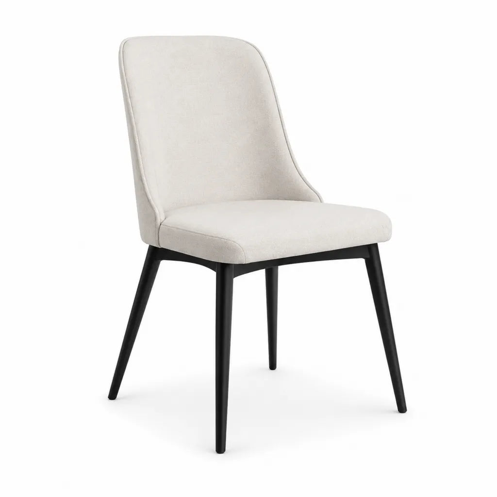 Chaise de salle a manger rembourree en polyester creme avec pieds en acier noir 48 x 58 x 84 cm