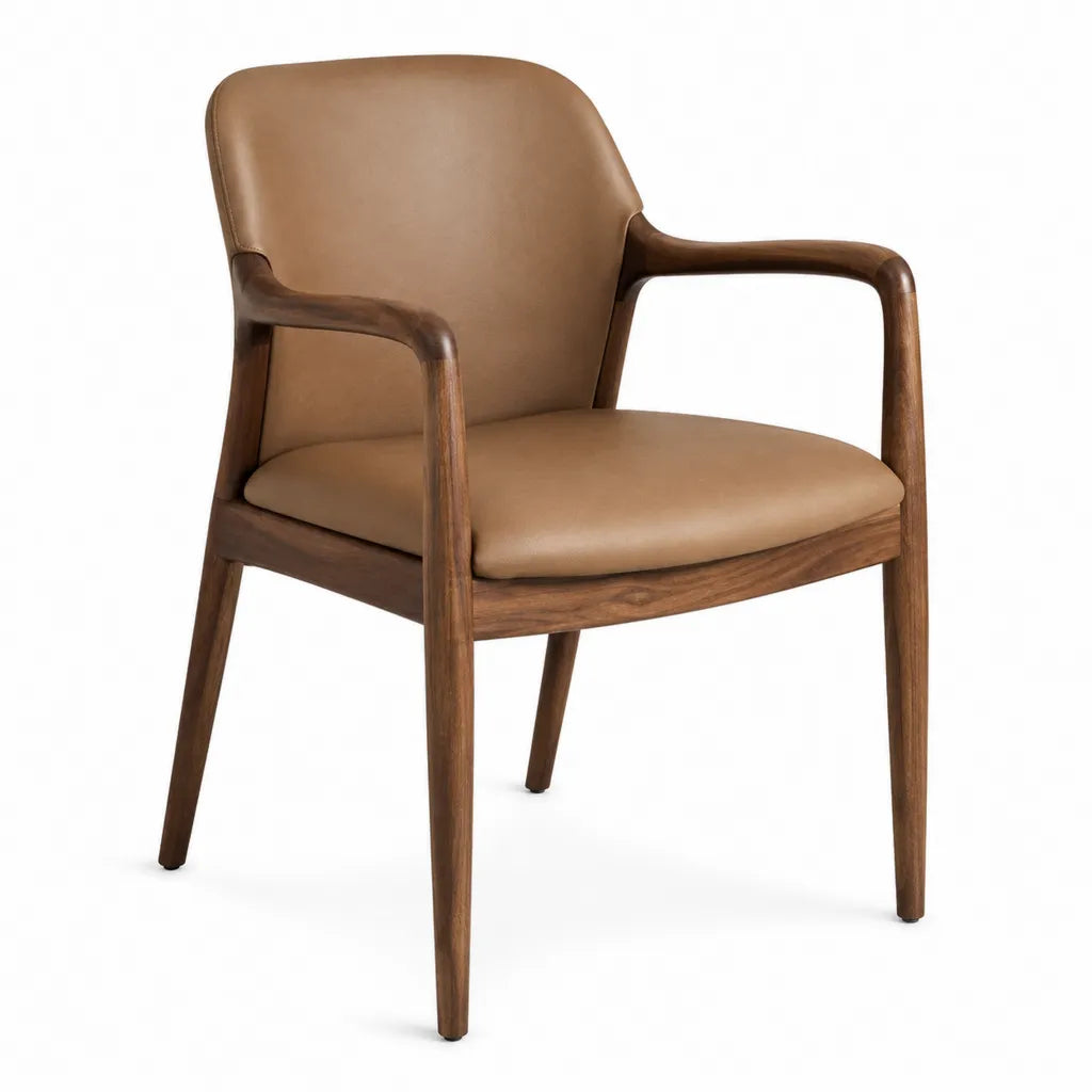Chaise de salle a manger avec accoudoirs en bois massif d'hevea et revetement PU marron 56 x 58 x 80 cm