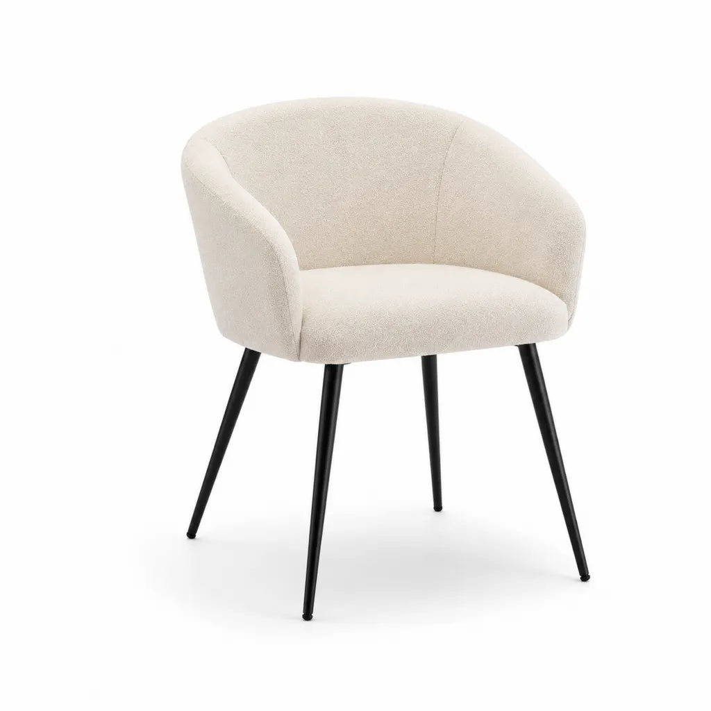 Chaise de salle a manger avec accoudoirs 60 x 59 x 78 cm en polyester boucle beige pieds en acier noir forme arrondie