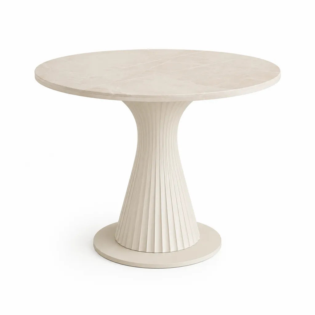 Table a manger ronde 120 cm plateau effet marbre pied central cannele MDF blanc casse hauteur 75 cm