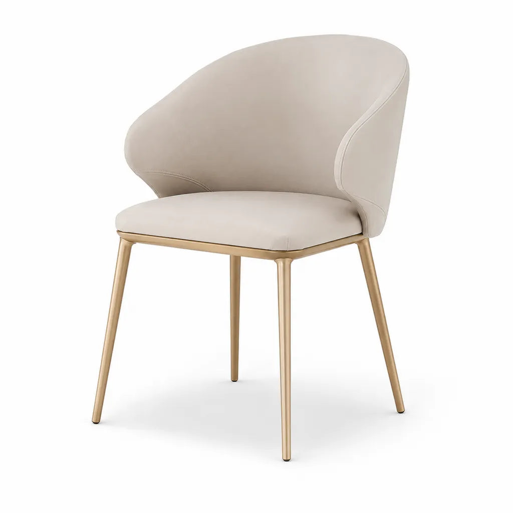 Chaise de salle a manger avec accoudoirs coque arrondie en PU beige pieds en acier dore 56 x 58 x 80 cm