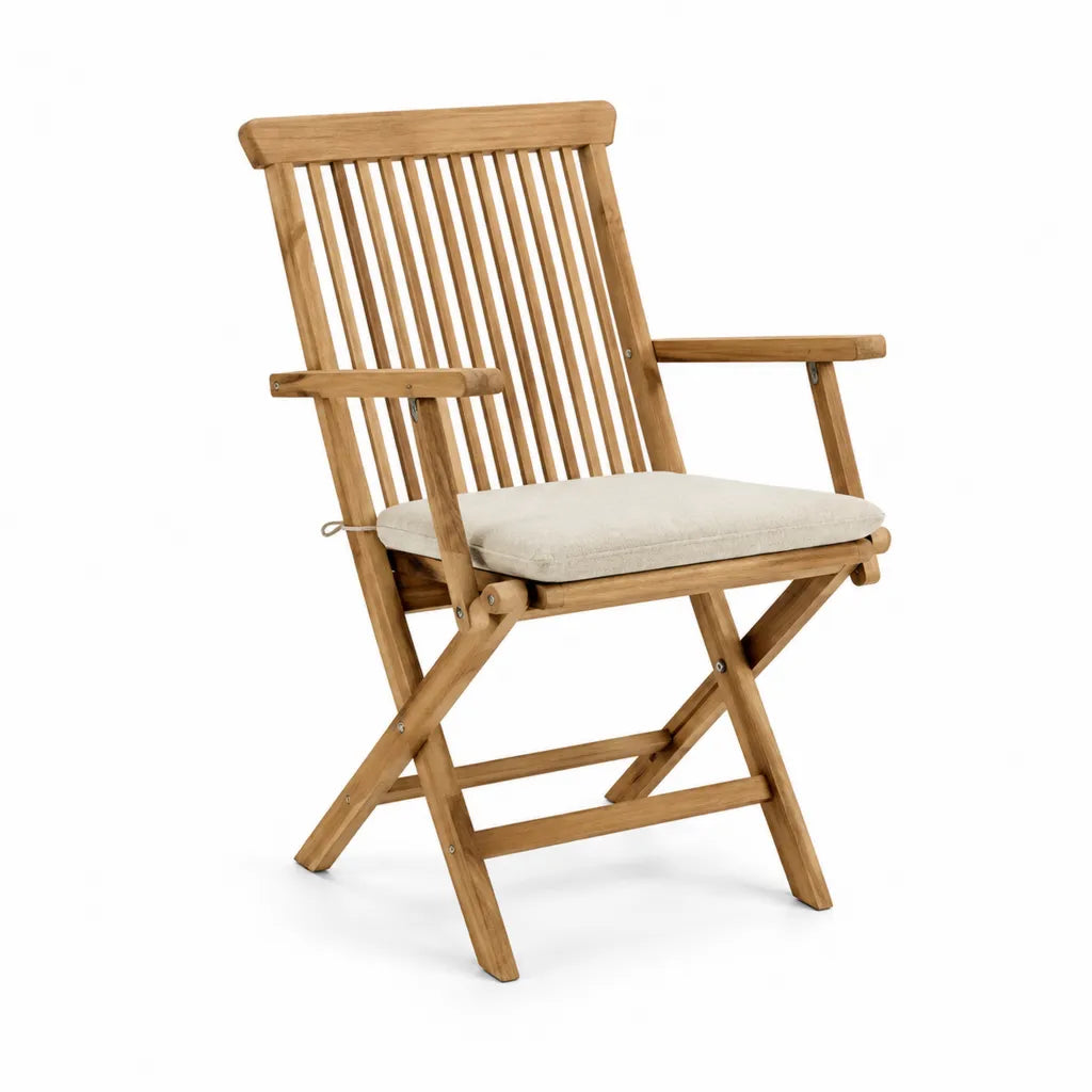 Fauteuil de jardin pliant en teck massif avec coussin rectangulaire beige 58 x 69 x 111 cm
