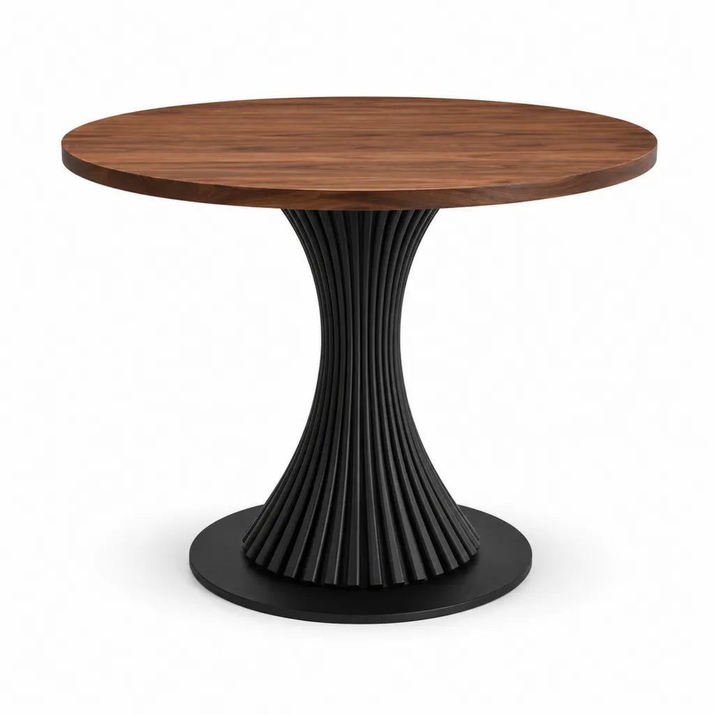 Table a manger ronde ?120 cm en MDF plaque noyer avec pietement en acier noir hauteur 75 cm
