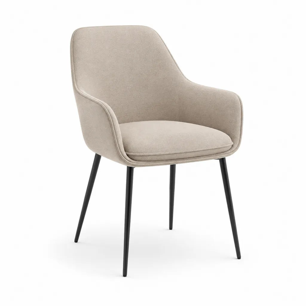 Chaise de salle a manger a accoudoirs 58 x 60 x 82 cm en polyester beige pieds en acier noir forme enveloppante