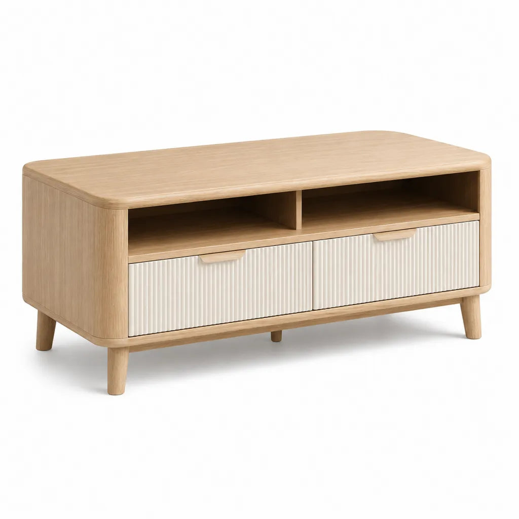 Table basse de rangement 2 tiroirs MDF plaque chene rectangulaire beige et blanc 120 x 40 x 55 cm