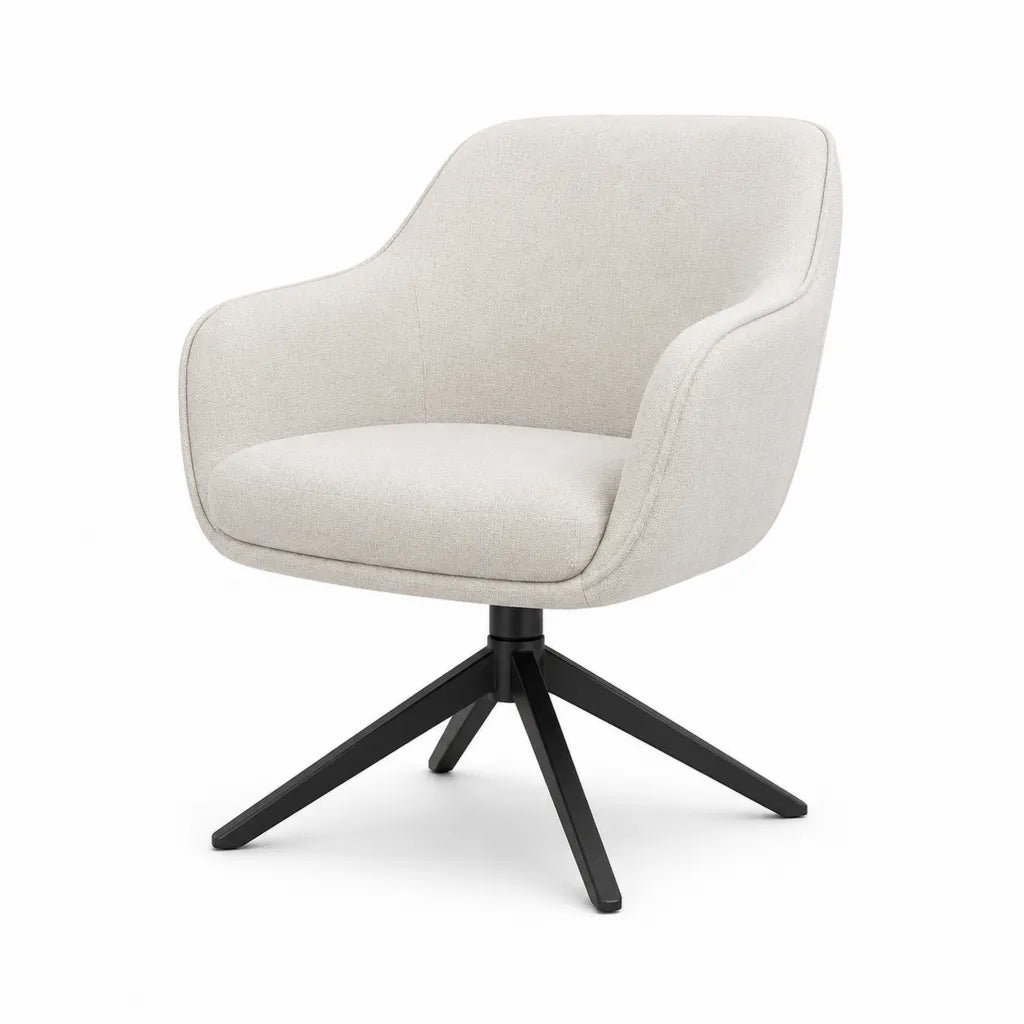 Chaise de salle a manger pivotante avec accoudoirs en polyester beige pieds etoile en acier noir 63 x 61 x 85 cm
