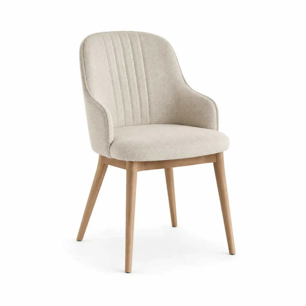 Chaise de salle a manger avec accoudoirs 60 x 62 x 84 cm polyester beige pieds en hevea massif