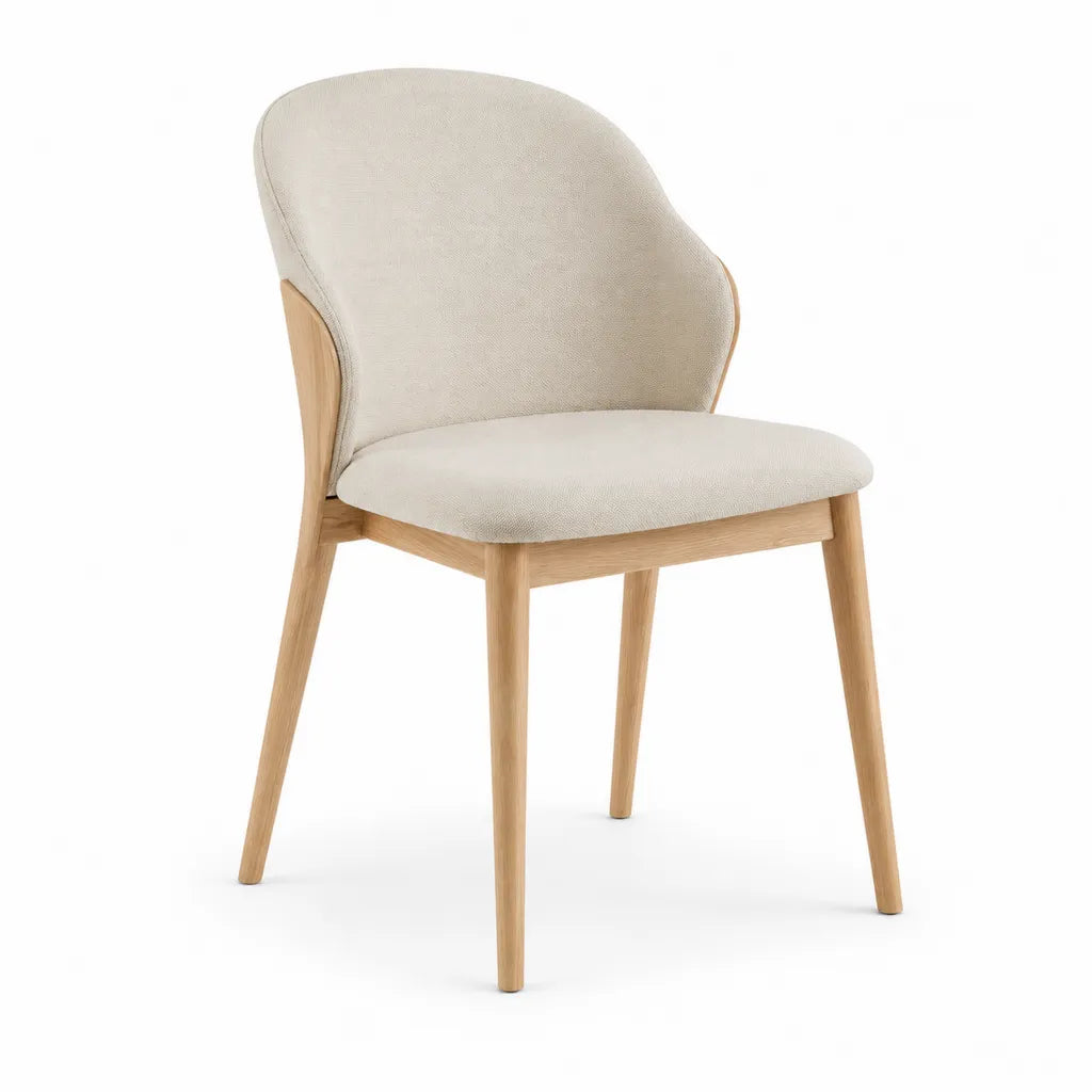 Chaise de salle a manger dossier arrondi en chene massif et polyester beige 52 x 58 x 80 cm